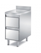 TAVOLO INOX AISI 304 CASSETTIERA A 2 CASSETTI CON ALZATINA, ANGOLO RAGGIATO SU 1 FRONTE, BORDO H 60 MM - CM. 45X90X85H
