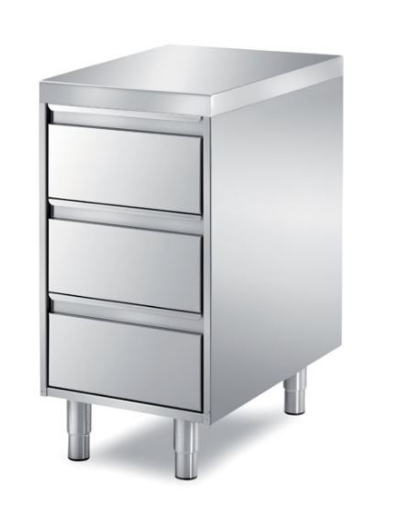 CASSETTIERA INOX AISI 304 A 3 CASSETTI, ANGOLO RAGGIATO SU 1 FRONTE, BORDO  H 60 MM - CM. 55X70X87H