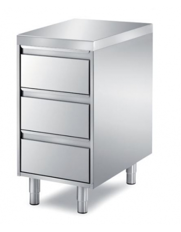 TAVOLO INOX CASSETTIERA A 3 CASSETI, ANGOLO RAGGIATO SU 1 FRONTE, BORDO H 60 MM - CM. 45X90X85H