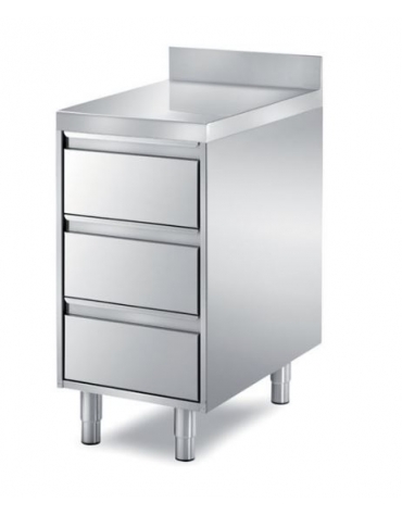 TAVOLO INOX CASSETTIERA A 3 CASSETI CON ALZATINA, ANGOLO RAGGIATO SU 1 FRONTE, BORDO H 60 MM - CM. 45X70X85H