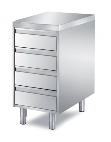 TAVOLO INOX CASSETTIERA A 4 CASSETI, ANGOLO RAGGIATO SU 1 FRONTE, BORDO H 60 MM - CM. 55X70X85H