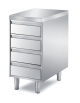 CASSETTIERA INOX AISI 304 A 4 CASSETTI, ANGOLO RAGGIATO SU 1 FRONTE, BORDO H 60 MM - CM. 65X90X87H
