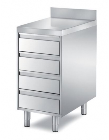 TAVOLO INOX CASSETTIERA A 4 CASSETI CON ALZATINA, ANGOLO RAGGIATO SU 1 FRONTE, BORDO H 60 MM - CM. 65X70X85H