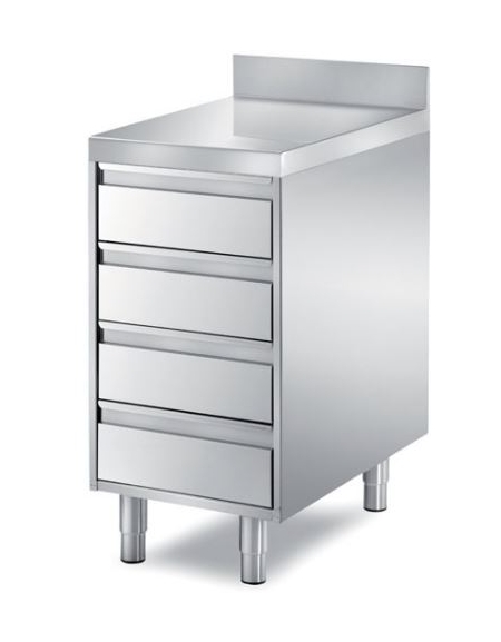 TAVOLO INOX CASSETTIERA A 4 CASSETI CON ALZATINA, ANGOLO RAGGIATO SU 1 FRONTE, BORDO H 60 MM - CM. 65X70X85H