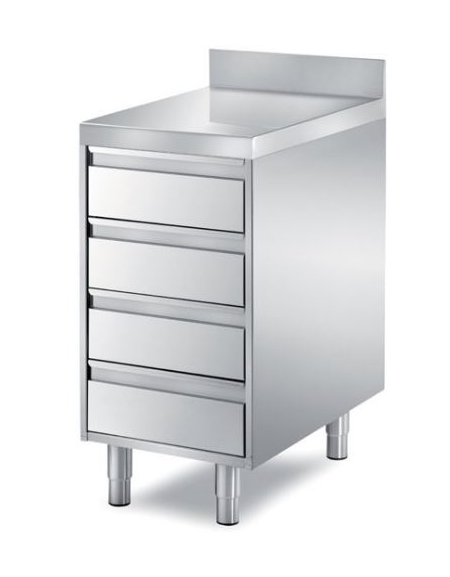 TAVOLO INOX CASSETTIERA A 4 CASSETI CON ALZATINA, ANGOLO RAGGIATO SU 1 FRONTE, BORDO H 60 MM - CM. 45X80X85H