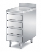 TAVOLO INOX CASSETTIERA A 4 CASSETI CON ALZATINA, ANGOLO RAGGIATO SU 1 FRONTE, BORDO H 60 MM - CM. 55X80X85H