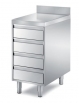 TAVOLO INOX AISI 304 CASSETTIERA A 4 CASSETI CON ALZATINA, ANGOLO RAGGIATO SU 1 FRONTE, BORDO H 60 MM - CM. 55X90X87H