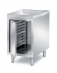 TAVOLO ARMADIATO INOX AISI 304 CON 1 ANTA A BATTENTE CON PORTATEGLIE 40X60 CM, ANGOLO RAGGIATO SU 1 FRONTE - CM. 50X90X87H