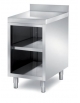 TAVOLO ARMADIATO INOX AISI 304 A GIORNO CON RIPIANO INTERMEDIO, CON ALZATINA, ANGOLO RAGGIATO SU 1 FRONTE - CM. 50X80X87H