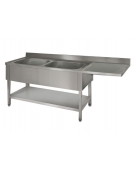 Lavatoio inox c/ripiano 2 vasche+gocc. destro Dim cm150x60x85/90