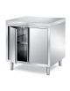 TAVOLO ARMADIATO INOX AISI 304 CON 2 ANTE A BATTENTE, ANGOLO RAGGIATO SU 1 FRONTE - CM. 130X90X87H