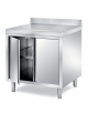 TAVOLO ARMADIATO INOX AISI 304 CON 2 ANTE A BATTENTE, CON ALZATINA, ANGOLO RAGGIATO SU 1 FRONTE - CM. 140X90X87H