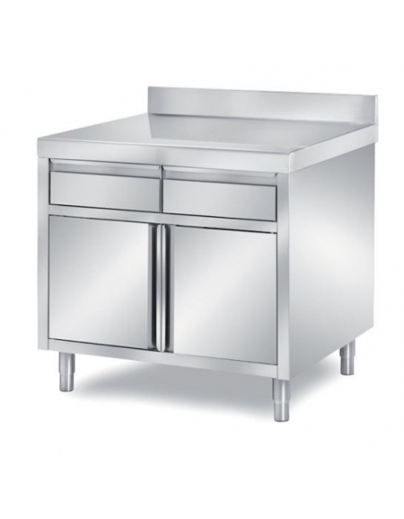 TAVOLO ARMADIATO CON 2 ANTE A BATTENTE E 2 CASSETTI, CON ALZATINA, ANGOLO RAGGIATO SU 1 FRONTE - CM. 100X80X85H