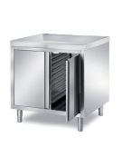 TAVOLO ARMADIATO INOX AISI 304 CON 2 ANTE A BATTENTE CON 1 VANO PORTATEGLIE 40X60 , ANGOLO RAGGIATO SU 1 FRONTE - CM 100X80X87H