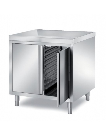 TAVOLO ARMADIATO INOX AISI 304 CON 2 ANTE A BATTENTE CON 1 VANO PORTATEGLIE 40X60 , ANGOLO RAGGIATO SU 1 FRONTE - CM 100X80X87H