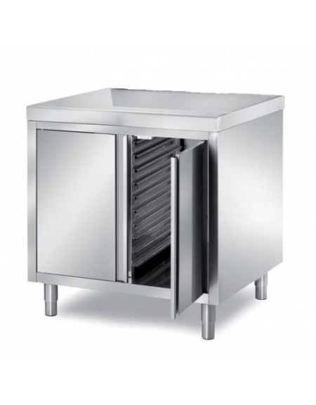 TAVOLO ARMADIATO INOX AISI 304 CON 2 ANTE A BATTENTE CON 1 VANO PORTATEGLIE 40X60 , ANGOLO RAGGIATO SU 1 FRONTE - CM 100X80X87H