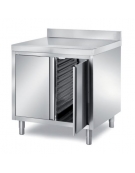 TAVOLO ARMADIATO INOX AISI 304 CON 2 ANTE A BATTENTE E 1 VANO PORTATEGLIE 40X60, CON ALZATINA, 1 ANGOLO RAGGIATO - CM 100X90X87H
