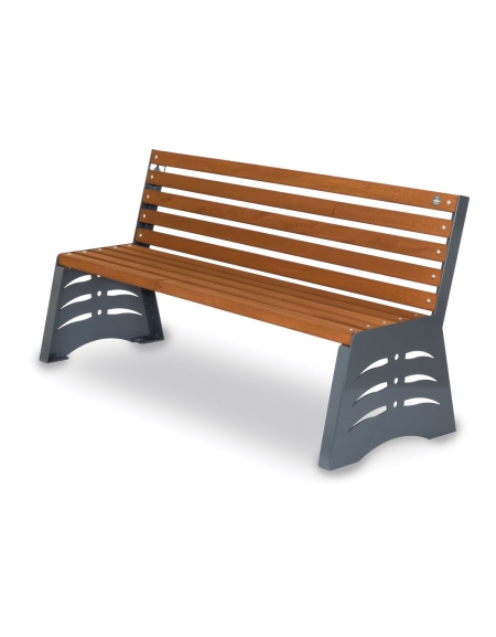 Panchina design con 10 listoni di legno esotico di iroko e struttura metallica zincata grigia - cm 170x60x80h