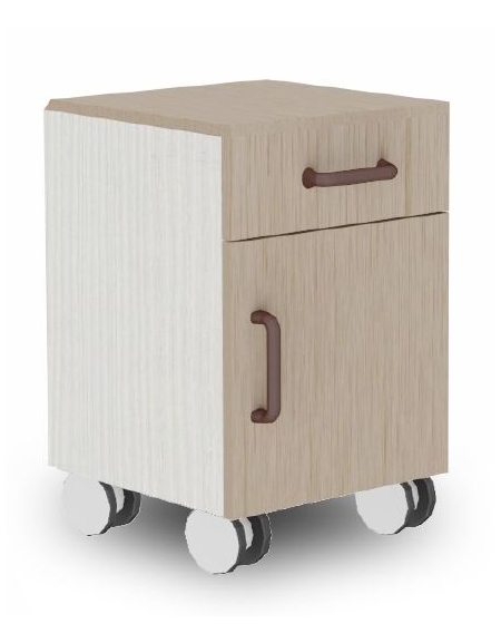 COMODINO IN LEGNO SU RUOTE CON CASSETTO ED ANTA - CM 45X35X64H