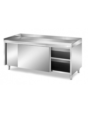 TAVOLO INOX PANETTERIA ARMADIATO CON ANTE SCORREVOLI - CON PIANO E ALZATINE IN INOX - CM. 220X90X85H