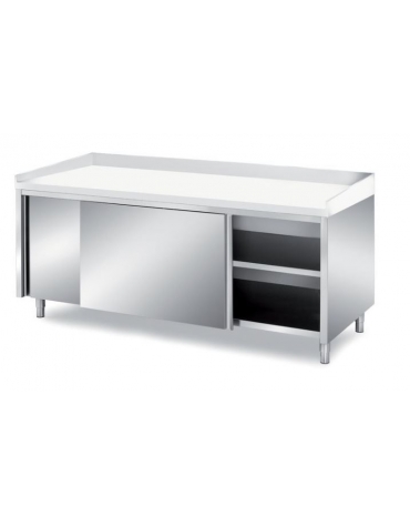 TAVOLO INOX PANETTERIA ARMADIATO CON ANTE SCORREVOLI - CON PIANO E ALZATINE IN POLIETILENE - CM. 220X90X85H