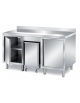 TAVOLO ARMADIATO INOX AISI 304 CON 2 ANTE A BATTENTE E TRAMOGGIA PORTA INGREDIENTI CENTRALE - CON ALZATINA - CM. 150X80X87H
