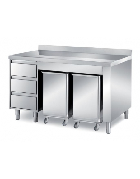 TAVOLO ARMADIATO CON 2  TRAMOGGIE PORTA INGREDIENTI E CASSETTIERA A 3 CASSETTI - SENZA ALZATINA - CM. 150X90X85H