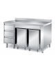 TAVOLO ARMADIATO INOX AISI 304 CON 2  TRAMOGGIE PORTA INGREDIENTI E CASSETTIERA A 3 CASSETTI - CON ALZATINA - CM. 150X70X87H