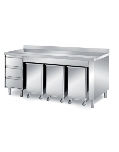 TAVOLO ARMADIATO CON 3 TRAMOGGIE PORTA INGREDIENTI E CASSETTIERA A 3 CASSETTI - SENZA ALZATINA - CM. 200X80X85H