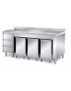 TAVOLO ARMADIATO INOX AISI 304 CON 3 TRAMOGGIE PORTA INGREDIENTI E CASSETTIERA A 3 CASSETTI - CON ALZATINA - CM. 200X70X87H