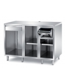 TAVOLO INOX AISI 304 PER MACCHINA CAFFÈ - 3 VANI A GIORNO CON TRAMOGGIA BATTIFILTRO E CASSETTO BATTIFILTRO - CM. 150X70X110H