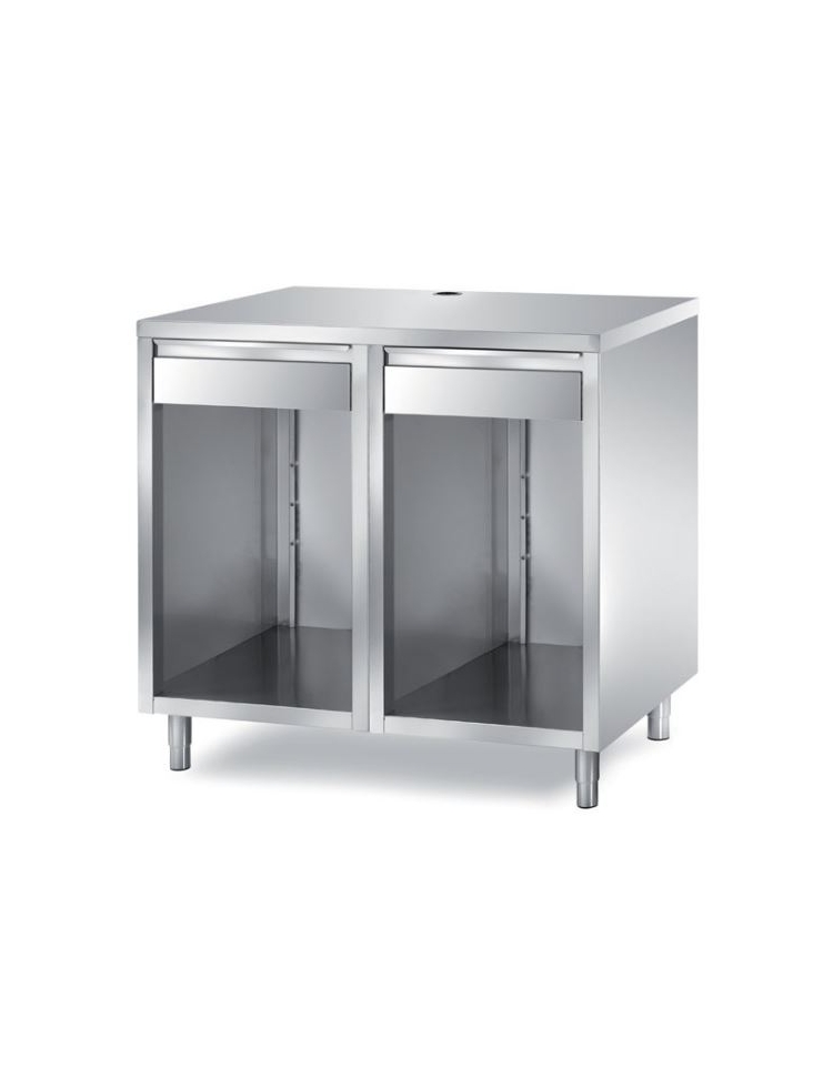 TAVOLO INOX AISI 304 PER MACCHINA CAFFÈ - 3 VANI A GIORNO CON CASSETTO  BATTIFILTRO E 2 CASSETTI - CM. 150X70X110H