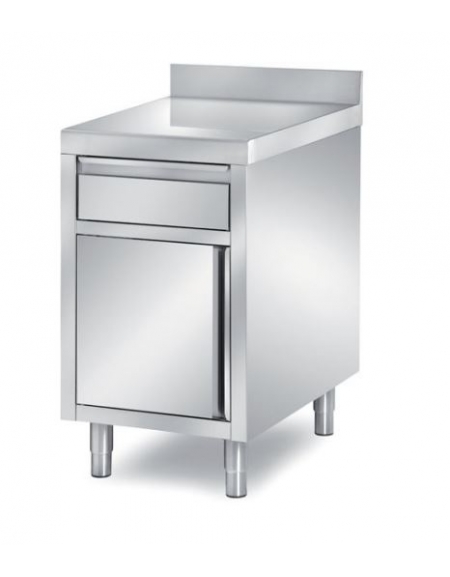 TAVOLO ARMADIATO INOX CON CASSETTO SOTTO PIANO E ANTA BATTENTE - CON ALZATINA - CM. 70X70X85H