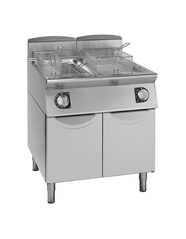 Friggitrice a gas 2 vasche Lt 13+13 su mobile - Bruciatori in vasca - Potenza totale Kw 18,8 - DIMENSIONI CM.60x70x85h
