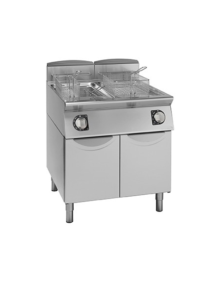 Friggitrice a gas 2 vasche Lt 13+13 su mobile - Bruciatori in vasca - Potenza totale Kw 18,8 - DIMENSIONI CM.60x70x85h