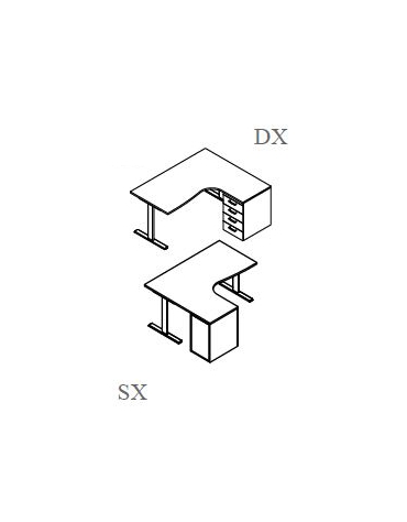 Scrivania workstation a L per ufficio DX-SX con cassettiera e gambe a T rovesciata - cm 160x160x74h