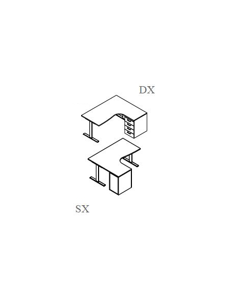 Scrivania workstation a L per ufficio DX-SX con cassettiera e gambe a T rovesciata - cm 160x160x74h