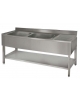 Lavatoio lavello inox gambe quadre 2 vasche con gocciolatoio destro - ripiano di fondo - cm 190x70x85/90h