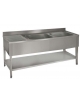 Lavatoio lavello inox gambe quadre 2 vasche con gocciolatoio sinistro - ripiano di fondo - cm 190x70x85/90h