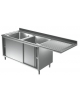 Lavatoio lavello armadiato inox 2 vasche con gocciolatoio destro a sbalzo - ante scorrevoli - cm 170x70x85/90h