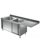 Lavatoio inox armadiato 2 vasche + gocciolatoio destro a sbalzo cm 210x70x85h