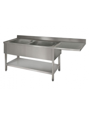 Lavatoio inox c/ripiano 2 vasche+gocc. destro Dim cm170x60x85/90