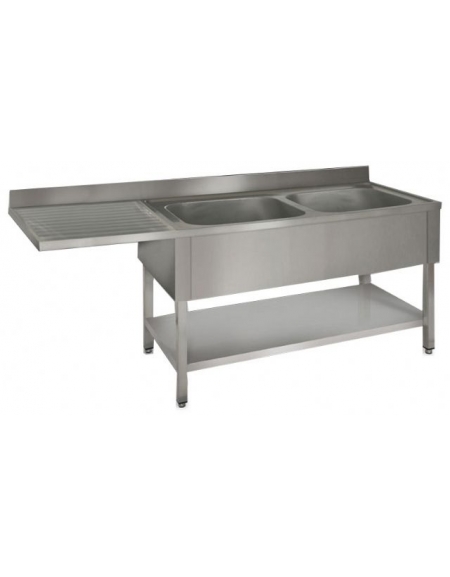 Lavatoio inox con ripiano 2 vasche+gocc. sx cm 200x60x85h