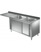 Lavatoio lavello armadiato inox 2 vasche con gocciolatoio sinistro a sbalzo - ante scorrevoli - cm 160x70x85/90h