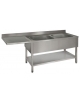 Lavatoio inox con ripiano 2 vasche + gocciolatoio sinistro a sbalzo cm180x70x85/90