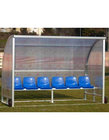 Panchina 6 posti mobile su ruote, in alluminio, ricoperta in policarbonato compatto trasparente - modulo da 3 mt - cm 300x150x21