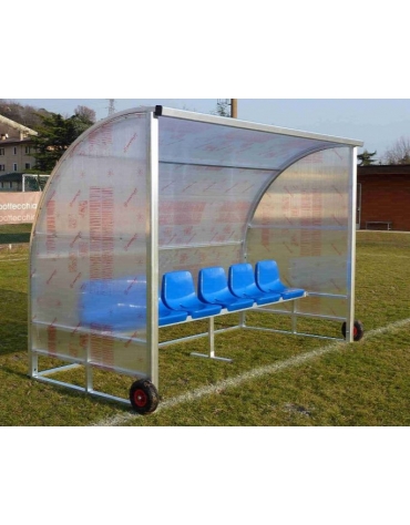 Panchina 6 posti mobile su ruote, in alluminio, ricoperta in policarbonato compatto trasparente - modulo da 3 mt - cm 300x150x21