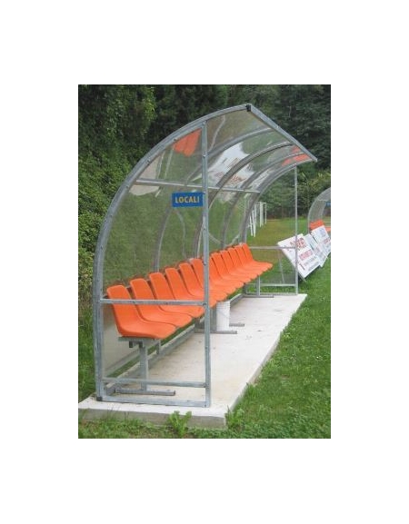 Panchina mod. Standard da 5 mt/l - 10 posti - in acciaio zincato a caldo, copertura policarbonato trasparente
