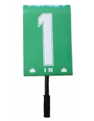 Blocco numeri sostituzione giocatori con impugnatura da n.1 a n. 30 con scritta "IN". Cartelle colore verde con numero bianco.