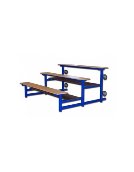 Modulo tribuna da 2 metri a 3 file in acciaio verniciato, trasportabile con ruote. Seduta doghe in legno.